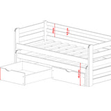 Einzelbett 90x200 cm mit Rausziehbett 90x190 cm mit zwei Matratzen (optional) und zwei Schubladen, Rausfallschutz und Lattenrosten, Vollholz massiv, Kinderbett Funktionsbett