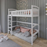Hochbett 80x180 | 90x200 cm mit Matratze (optional), Lattenrost und Rausfallschutz, aus Vollholz massiv in weiss, Funktionsbett Jugendbett