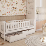 Kinderbett Einzelbett 90x200 cm mit Matratze (optional), zwei Schubladen, Rausfallschutz, Lattenrost, aus Vollholz massiv, Funktionsbett Jugendbett in weiß