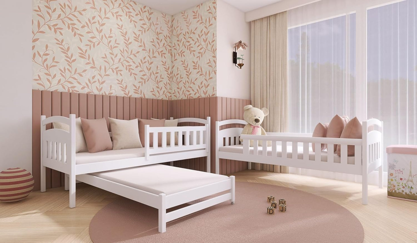 Hochbett 90x200 Etagenbett Kinderbett Jugendbett Stockbett 3 Kinder, zwei Schubladen & Rausfallschutz Kinder Bett umbaubar in 3 Einzelbetten | von 4. bis 16. Lebensjahr | inkl. Lattenrosten