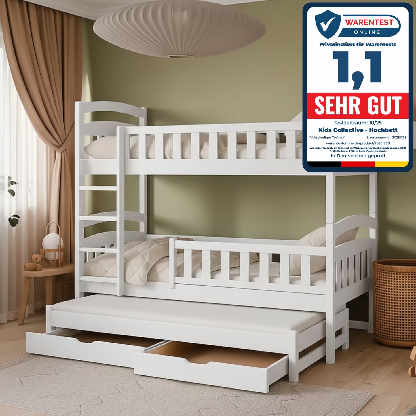 Hochbett 90x200 Etagenbett Kinderbett Jugendbett Stockbett 3 Kinder, zwei Schubladen & Rausfallschutz Kinder Bett umbaubar in 3 Einzelbetten | von 4. bis 16. Lebensjahr | inkl. Lattenrosten