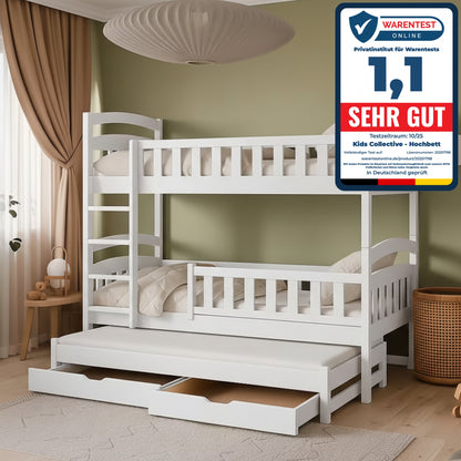 Hochbett 90x200 Etagenbett Kinderbett Jugendbett Stockbett 3 Kinder, zwei Schubladen & Rausfallschutz Kinder Bett umbaubar in 3 Einzelbetten | von 4. bis 16. Lebensjahr | inkl. Lattenrosten