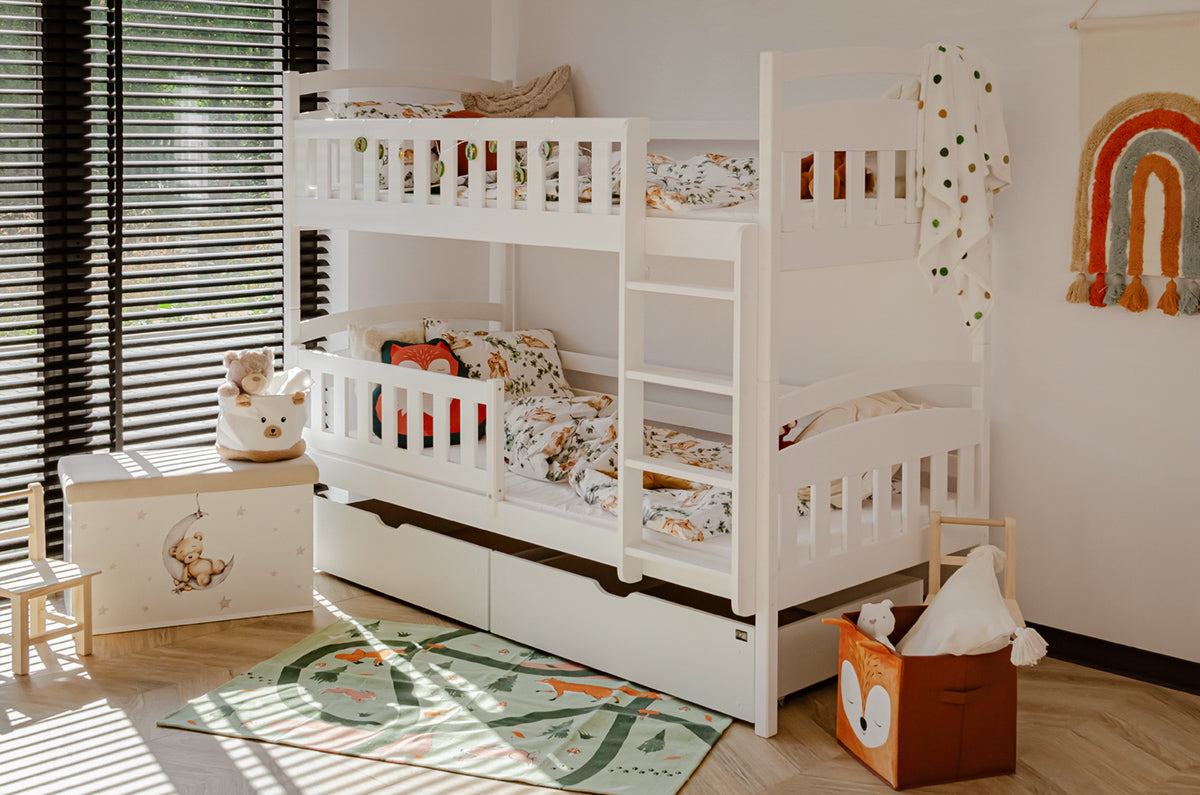 Hochbett 90x200 cm Etagenbett mit zwei Schubladen, Lattenrost, Rausfallschutz, umbaubar in zwei Einzelbetten, aus Vollholz massiv, Funktionsbett