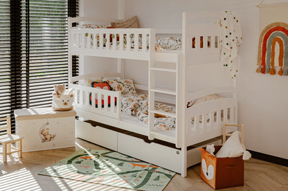 Hochbett 90x200 cm Etagenbett mit zwei Schubladen, Lattenrost, Rausfallschutz, umbaubar in zwei Einzelbetten, aus Vollholz massiv, Funktionsbett