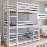 Lit mezzanine B-stock 90x200 lit superposé triple pour adultes et enfants, lit superposé pour trois personnes avec 3x sommiers à lattes, protection contre les chutes, bois massif blanc