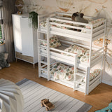 Lit mezzanine B-stock 90x200 lit superposé triple pour adultes et enfants, lit superposé pour trois personnes avec 3x sommiers à lattes, protection contre les chutes, bois massif blanc