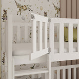 Lit mezzanine B-stock 80x180 avec lit superposé verrouillable antichute avec portes de sécurité, deux tiroirs, sommier à lattes, transformable en 2 lits simples, bois massif blanc