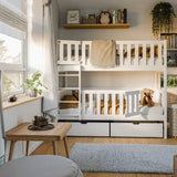 Lit mezzanine B-stock 80x180 avec lit superposé verrouillable antichute avec portes de sécurité, deux tiroirs, sommier à lattes, transformable en 2 lits simples, bois massif blanc