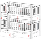 Lit mezzanine B-stock 80x180 avec lit superposé verrouillable antichute avec portes de sécurité, deux tiroirs, sommier à lattes, transformable en 2 lits simples, bois massif blanc