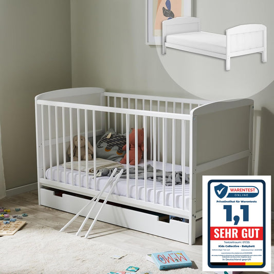Babybett Kinderbett 70x140 cm Umbaubares Gitterbett höhenverstellbar & herausnehmbare Sprossen | weiss Vollholz Kiefer Made in Europe
