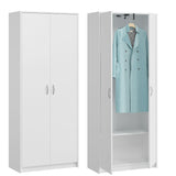 Garderobenschrank Garderobe Mehrzweckschrank weiß 74cm Breite 180cm Höhe mit Trompeten-Auszug und Extra-Fach, Kleiderschrank Organizer aus MDF Holz