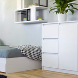 Commode avec 3 tiroirs et 1 porte 80x75x40 cm (L/H/P) étroite en blanc, buffet haut armoire polyvalente chambre à coucher