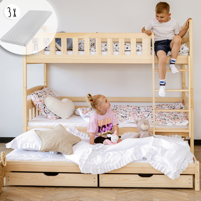 Hochbett 90x200 Etagenbett Kinderbett Jugendbett Stockbett 3 Kinder, zwei Schubladen & Rausfallschutz Kinder Bett umbaubar in 3 Einzelbetten | von 4. bis 16. Lebensjahr | inkl. Lattenrosten