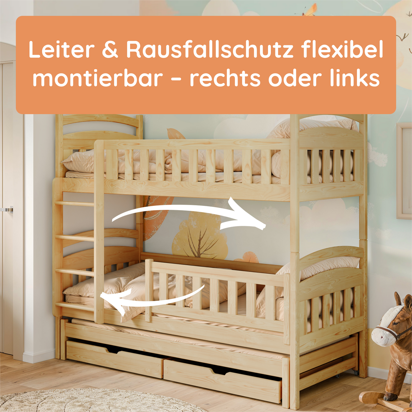 Hochbett 90x200 Etagenbett Kinderbett Jugendbett Stockbett 3 Kinder, zwei Schubladen & Rausfallschutz Kinder Bett umbaubar in 3 Einzelbetten | von 4. bis 16. Lebensjahr | inkl. Lattenrosten