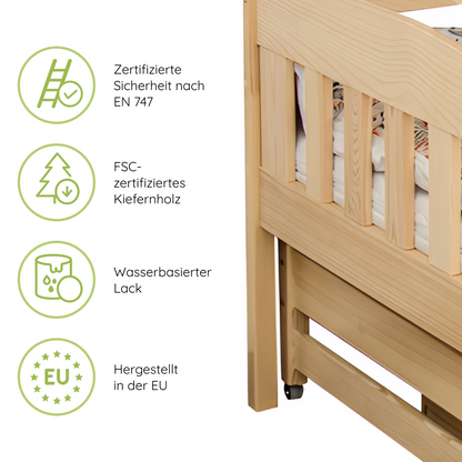 Hochbett 90x200 Etagenbett Kinderbett Jugendbett Stockbett 3 Kinder, zwei Schubladen & Rausfallschutz Kinder Bett umbaubar in 3 Einzelbetten | von 4. bis 16. Lebensjahr | inkl. Lattenrosten