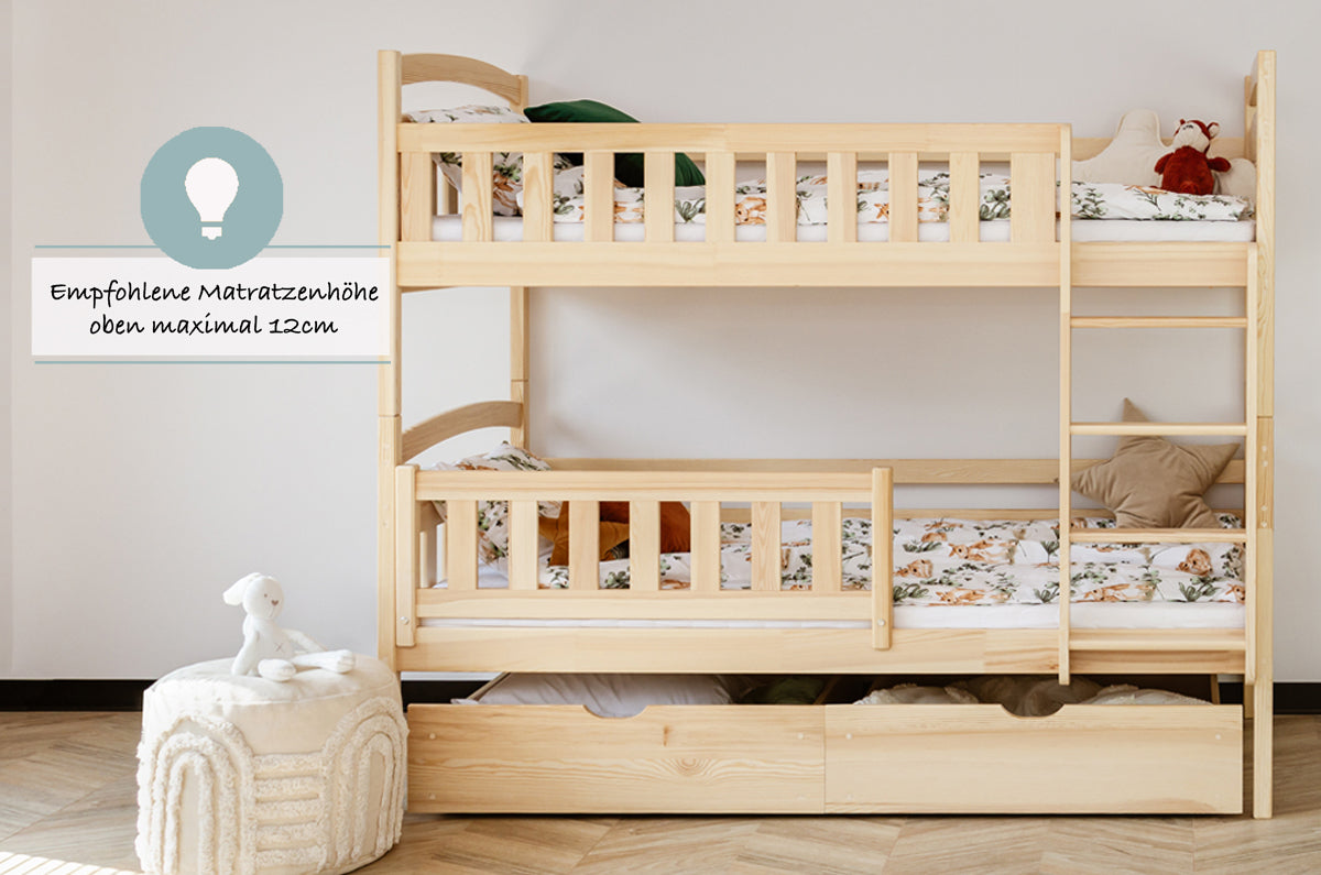 Hochbett 90x200 cm Etagenbett mit zwei Schubladen, Lattenrost, Rausfallschutz, umbaubar in zwei Einzelbetten, aus Vollholz massiv, Funktionsbett