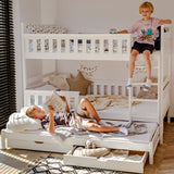 Hochbett 90x200 mit Ausziehbett und drei Matratzen (optional) Etagenbett mit Ausziehfunktion, zwei Schubladen, Lattenrost, Rausfallschutz, umbaubar in drei Einzelbetten, Vollholz massiv