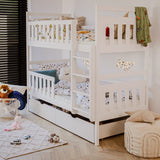 Etagenbett, Kinder, Kinderbett | Mit 2 Schubladen, optional zwei Matratzen, senkrechter Leiter & Absturzsicherung | Platzsparendes Hochbett für das Kinderzimmer | 97x208x171 cm (BxTxH)