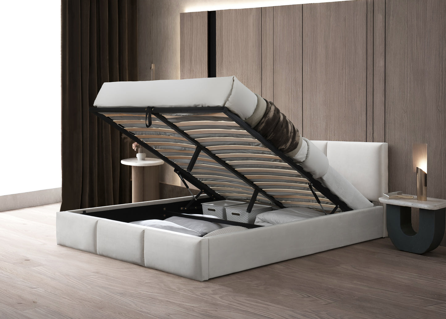 Bett 140x200 / 160x200 cm Doppelbett Polsterbett Bettgestell mit Lattenrost aus Metall, hydraulischer Bettkasten, Samtbezug in beige oder dunkelgrau, viel Stauraum, modern & pflegeleicht