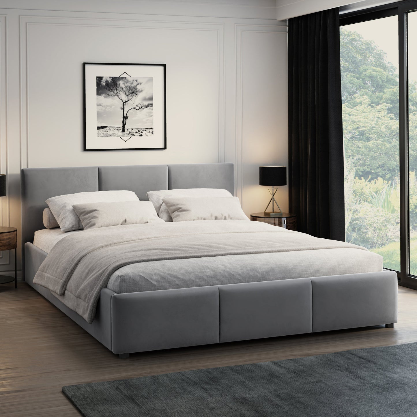 Bett 140x200 / 160x200 cm Doppelbett Polsterbett Bettgestell mit Lattenrost aus Metall, hydraulischer Bettkasten, Samtbezug in beige oder dunkelgrau, viel Stauraum, modern & pflegeleicht