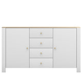 Commode blanche avec poignées et accents dorés de 92 cm de haut et 160 cm de large, salon, chambre, avec deux étagères et quatre tiroirs 