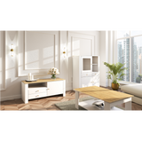 Buffet haut de luxe en blanc avec poignées et accents dorés avec vitrine en verre de 130 cm de haut et 100 cm de large, salon, chambre, beaucoup d'espace de rangement 