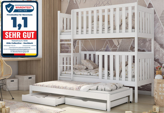 Hochbett 80x180 | 90x200 cm mit Ausziehbett Etagenbett mit Ausziehfunktion, zwei Schubladen, Lattenrost, extra hoher Rausfallschutz, umbaubar in 3 Einzelbetten, Vollholz massiv in weiss