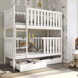 B-Ware Hochbett 90x200 cm, Etagenbett umbaubar in 2 Einzelbetten, zwei Schubladen, Lattenrost, extra hoher Rausfallschutz, Vollholz massiv in weiss
