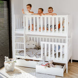 Hochbett 80x180 | 90x200 cm mit 2 Matratzen (optional) Etagenbett umbaubar in 2 Einzelbetten, zwei Schubladen, Lattenrost, extra hoher Rausfallschutz, Vollholz massiv in weiss