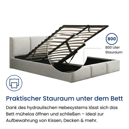 Bett 140x200 / 160x200 cm Doppelbett Polsterbett Bettgestell mit Lattenrost aus Metall, hydraulischer Bettkasten, Samtbezug in beige oder dunkelgrau, viel Stauraum, modern & pflegeleicht