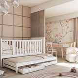 Lit simple 90x200 avec lit gigogne avec matelas (en option), sommier à lattes, protection antichute et deux tiroirs en bois massif blanc, lit fonctionnel, lit d'adolescent