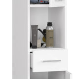 Meuble de salle de bain étroit blanc avec 2 portes et tiroir, hauteur 140 cm, largeur et profondeur 30 cm