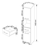 Meuble de salle de bain étroit blanc avec 2 portes et tiroir, hauteur 140 cm, largeur et profondeur 30 cm