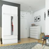 Kleiderschrank weiß, Schrank mit 2 Türen und 2 Schubladen, 180cm hoch, Kleiderstange, Garderobe, Schlafzimmer, Wohnzimmer