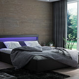 Lit rembourré avec éclairage LED Lit double 140x200 cm, revêtement en simili cuir noir avec sommier à lattes en métal et espace de rangement avec coffre de lit hydraulique 200x140
