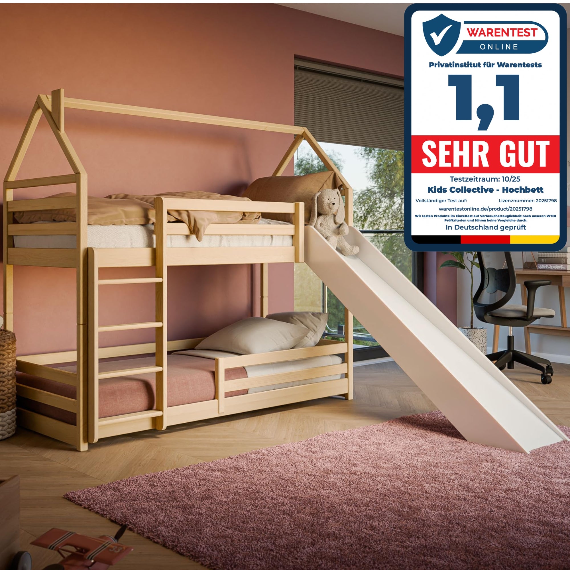 Hochbett mit Rutsche 90x200 cm, Hausbett, Etagenbett mit Rausfallschutz und Leiter, Bett Bed Bodenbett Jugendbett Spielbett für 2 Kinder, Kinderzimmer Sicherheit, Stabil Kiefer Holz massiv