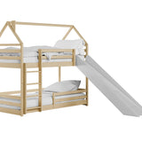 Hochbett mit Rutsche 90x200 cm, Hausbett, Etagenbett mit Rausfallschutz und Leiter, Bett Bed Bodenbett Jugendbett Spielbett für 2 Kinder, Kinderzimmer Sicherheit, Stabil Kiefer Holz massiv