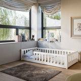 Kinderbett Bodenbett 80x160 | 80x180 | 90x190 | 90x200 | 120x200 | 140x200 cm Bett mit Rausfallschutz & Lattenrost Montessori Bett Gitterbett Kinder Jugendbett Einzelbett optional mit Matratze | Kiefer Holz massiv Junge Mädchen