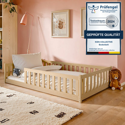 Kinderbett Bodenbett 80x160 | 80x180 | 90x190 | 90x200 | 120x200 | 140x200 cm Bett mit Rausfallschutz & Lattenrost Montessori Bett Gitterbett Kinder Jugendbett Einzelbett optional mit Matratze | Kiefer Holz massiv Junge Mädchen