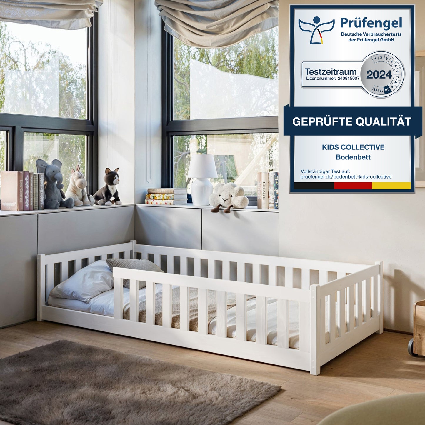 Kinderbett Bodenbett 80x160 | 80x180 | 90x190 | 90x200 | 120x200 | 140x200 cm Bett mit Rausfallschutz & Lattenrost Montessori Bett Gitterbett Kinder Jugendbett Einzelbett optional mit Matratze | Kiefer Holz massiv Junge Mädchen