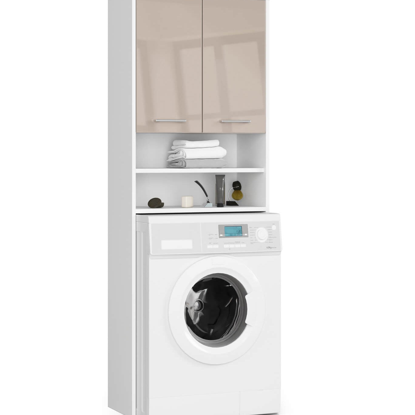 Meuble lave-linge 64x30x180cm, meuble haut de salle de bain, avec 2 portes et 4 étagères meuble de salle de bain étagère de salle de bain couloir
