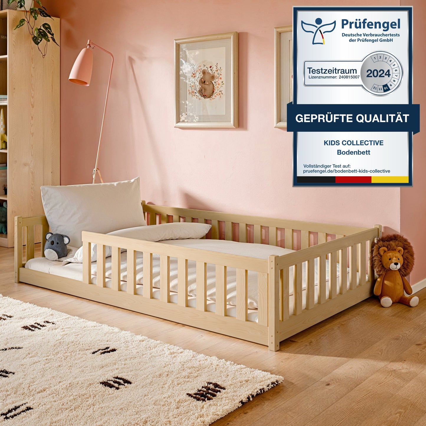 Kinderbett Bodenbett 80x160 | 80x180 | 90x190 | 90x200 | 120x200 | 140x200 cm Bett mit Rausfallschutz & Lattenrost Montessori Bett Gitterbett Kinder Jugendbett Einzelbett optional mit Matratze | Kiefer Holz massiv Junge Mädchen