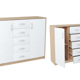 Kommode mit 5 Schubladen und 2 Türen in matter Ausführung, Kommode 110cm breit mit hochwertigen Polymergriffen Holz Schrank Kommode mit Schubladen - Aus laminierter Platte gefertigt