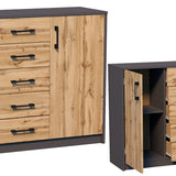 Kommode mit 5 Schubladen und 2 Türen in matter Ausführung, Kommode 110cm breit mit hochwertigen Polymergriffen Holz Schrank Kommode mit Schubladen - Aus laminierter Platte gefertigt