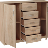 Kommode mit 5 Schubladen und 2 Türen in matter Ausführung, Kommode 110cm breit mit hochwertigen Polymergriffen Holz Schrank Kommode mit Schubladen - Aus laminierter Platte gefertigt