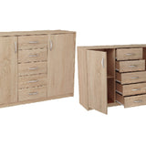 Kommode mit 5 Schubladen und 2 Türen in matter Ausführung, Kommode 110cm breit mit hochwertigen Polymergriffen Holz Schrank Kommode mit Schubladen - Aus laminierter Platte gefertigt