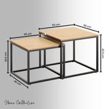 Lot de 2 tables basses carrées en bois, table de salon moderne, table d'appoint 2 en 1 avec structure en métal pour salon, bureau, table d'appoint design Loft TWIN, surface résistante aux rayures