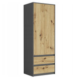 Moderner Kleiderschrank mit 2 Schubladen, 2-türiger Kleiderschrank Garderobenschrank, Platzsparender Schrank für Schlafzimmer, Ankleidezimmer, Flur, Kinderzimmer, 63x55x180 cm (BxTxH)