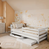 Kinderbett 90x200 mit zwei Schubladen, Rausfallschutz und Lattenrost, Vollholz massiv in weiss, Kinderbett Doppelbett Funktionsbett, optional Ausziehbett 90x190, optional Matratze