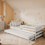 Kinderbett 90x200 mit zwei Schubladen, Rausfallschutz und Lattenrost, Vollholz massiv in weiss, Kinderbett Doppelbett Funktionsbett, optional Ausziehbett 90x190, optional Matratze